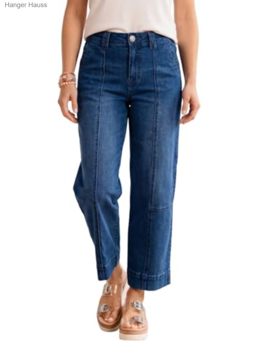 High Waisted Jeans Seamed Front Straight Leg Stretch Denim Ankle Pants